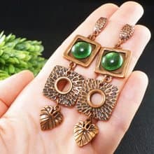 Green Glass Copper Leaf Geometric Square Long Large Statement Earrings Jewelry