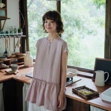 粉色條紋色織亞麻小長衫圓領