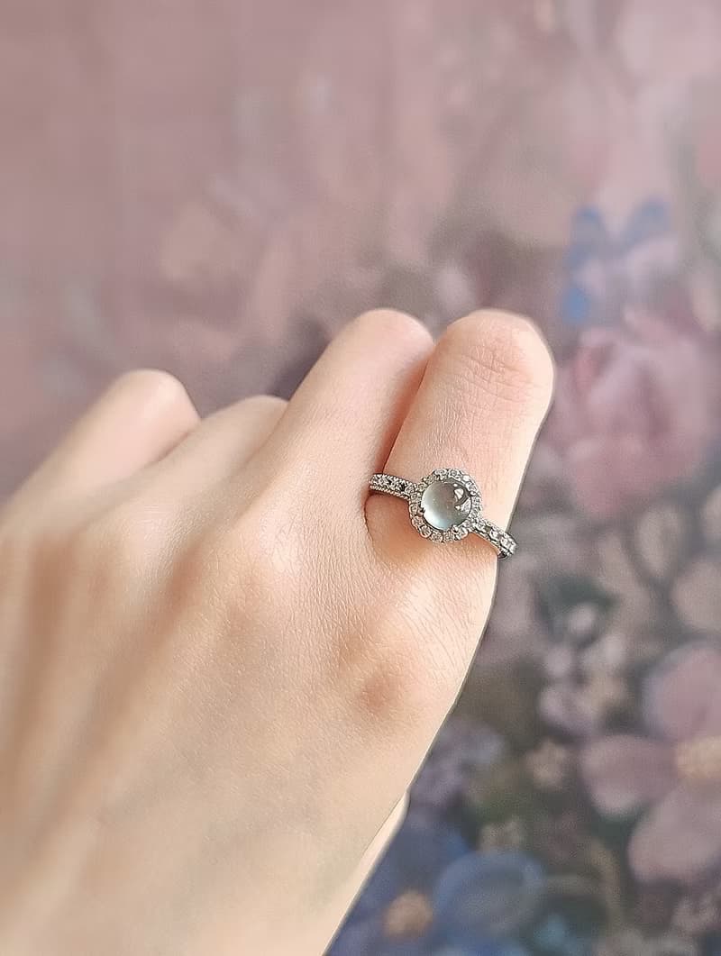 招財光明燈|仙氣夢幻淡藍剛蛋|A貨翡翠純銀蕾絲款戒指
