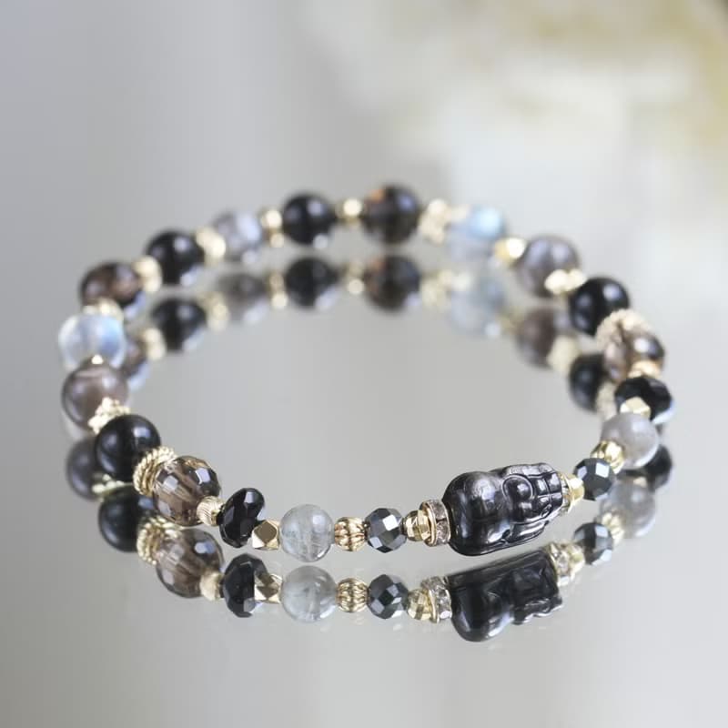金運石貔貅 拉長石 黑曜石 黑骨幹太陽石 水晶手鍊 健康避邪招財
