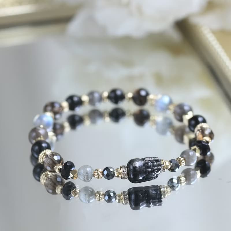 金運石貔貅 拉長石 黑曜石 黑骨幹太陽石 水晶手鍊 健康避邪招財