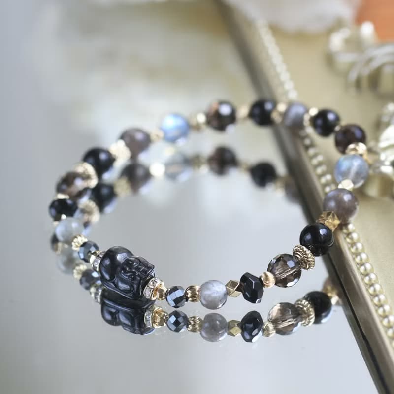 金運石貔貅 拉長石 黑曜石 黑骨幹太陽石 水晶手鍊 健康避邪招財
