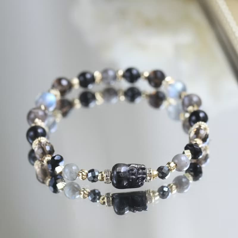金運石貔貅 拉長石 黑曜石 黑骨幹太陽石 水晶手鍊 健康避邪招財