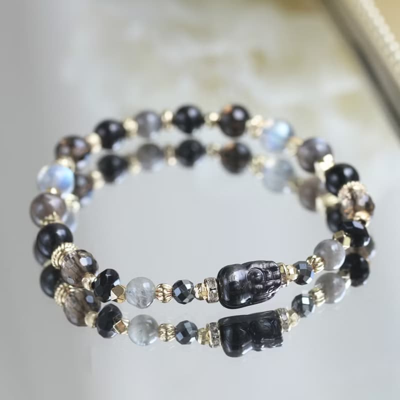 金運石貔貅 拉長石 黑曜石 黑骨幹太陽石 水晶手鍊 健康避邪招財
