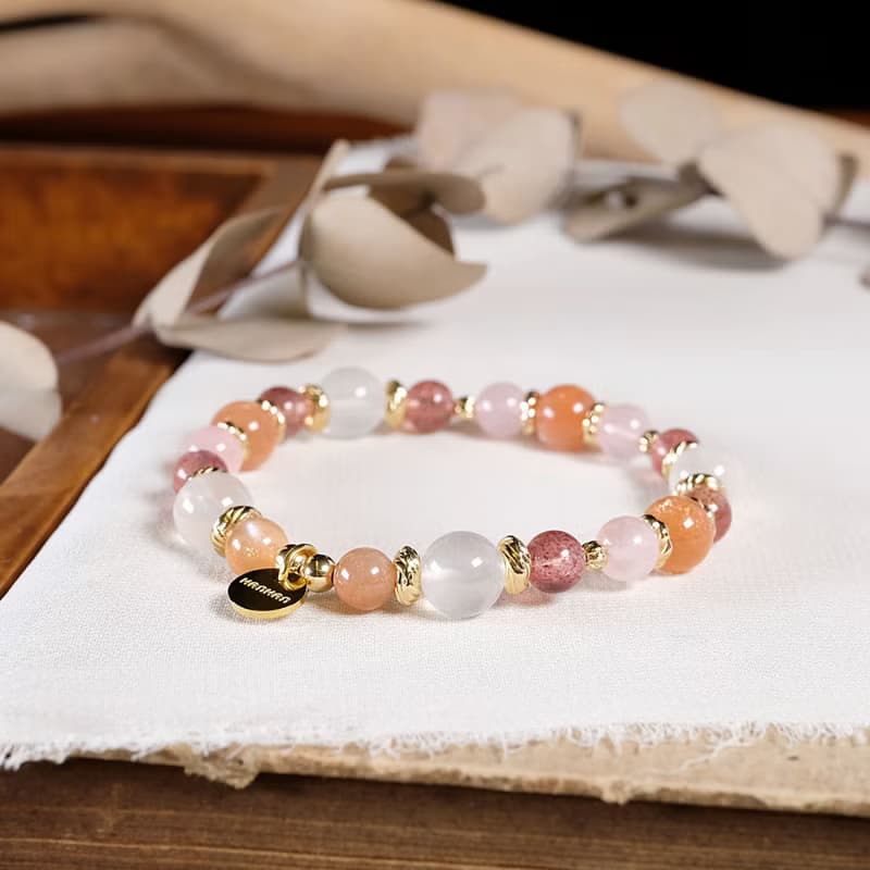 橙月光 粉晶 草莓晶 奶白晶 手鍊 天然礦石水晶