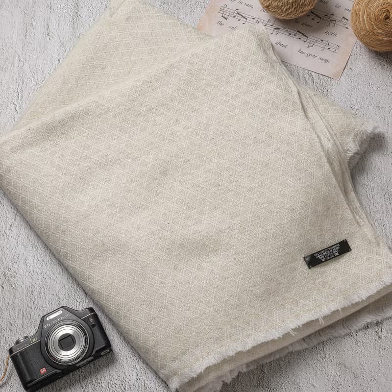 【毯子】喀什米爾羊毛大毯子/披肩 鑽石紋米白色 柔軟保暖