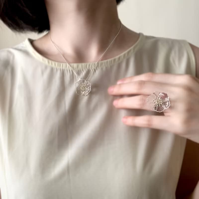 罌粟花 項鍊 戒指 樹脂 教師節 透明 銀飾 禮盒 禮物 生日 情人節