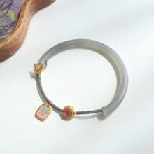 天然和田玉手鐲多寶半鐲搭配銀鑲碧璽古法銀九條經文手鐲煙紫手鐲