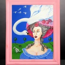 Funny oil painting large size canvas Woman with a dog an swan, Livingroom décor