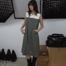 日系復古 雙層領格紋背心連身裙