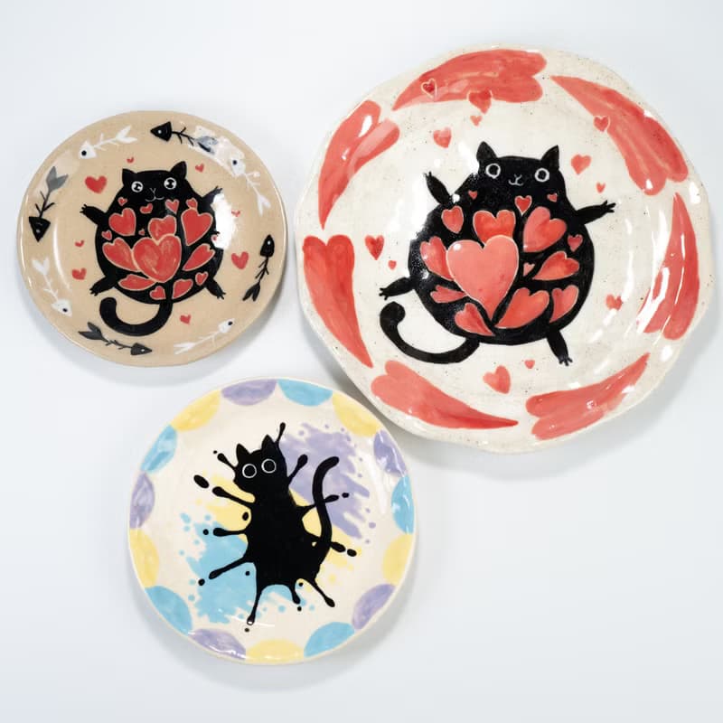 Playful Black Cat Trinket Dishes Kitty's Love Decorative Trays Handmade Pottery