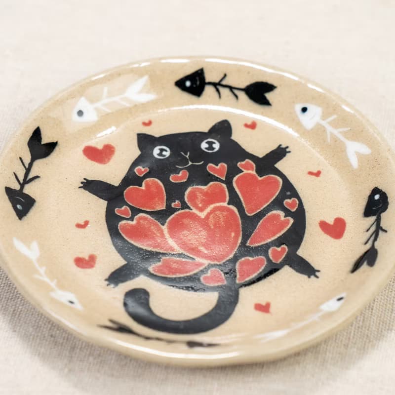 Playful Black Cat Trinket Dishes Kitty's Love Decorative Trays Handmade Pottery