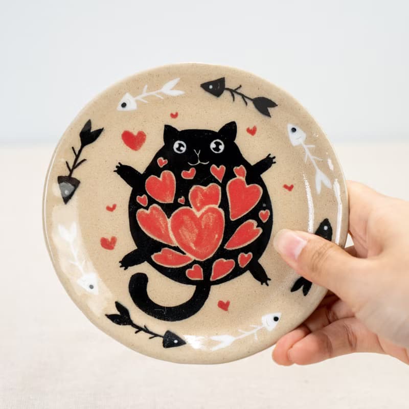 Playful Black Cat Trinket Dishes Kitty's Love Decorative Trays Handmade Pottery