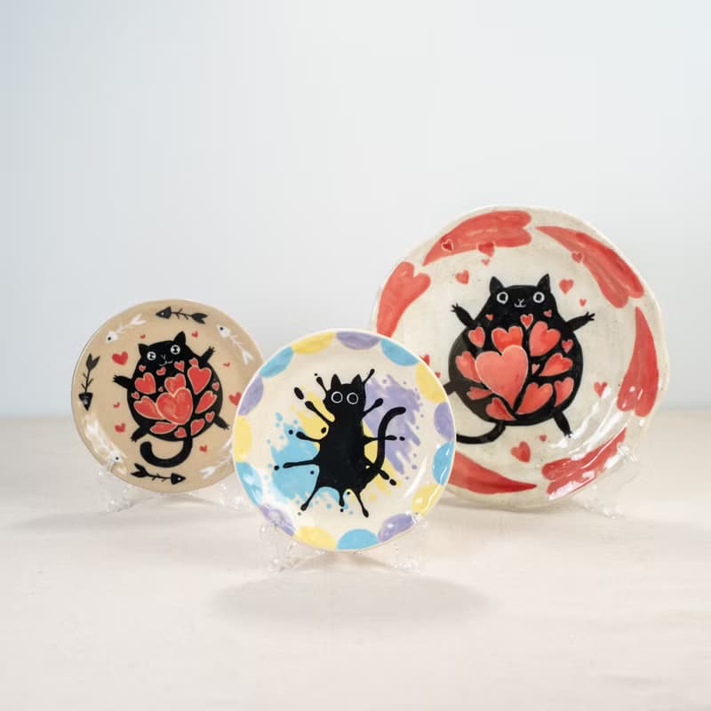 Playful Black Cat Trinket Dishes Kitty's Love Decorative Trays Handmade Pottery