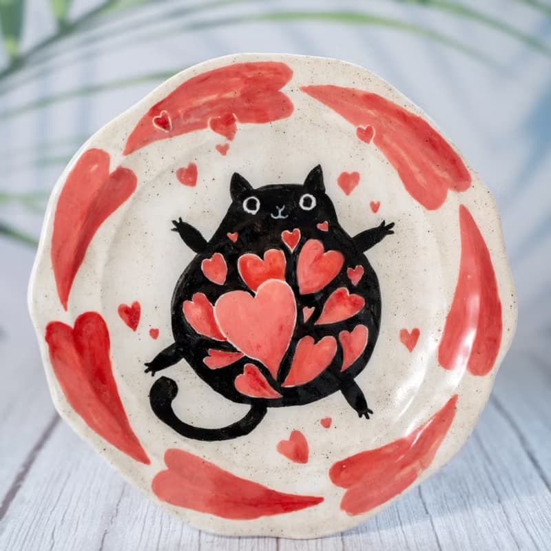 Playful Black Cat Trinket Dishes Kitty's Love Decorative Trays Handmade Pottery