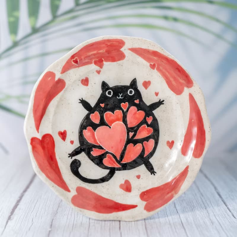 Playful Black Cat Trinket Dishes Kitty's Love Decorative Trays Handmade Pottery