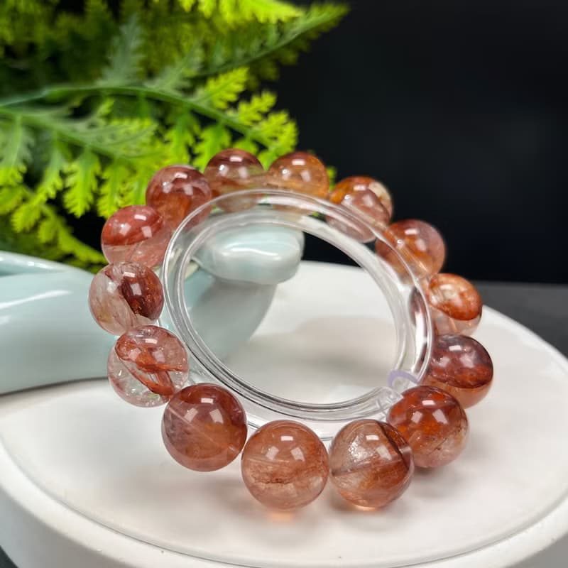 高品質鴆羽幽靈水晶手串15mm冰透閃片大顆粒圓珠紅膠花女催財旺宅