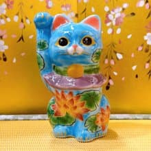 【蓮水迎祥】日本清水燒招財貓 | 色繪 - 水色地蓮