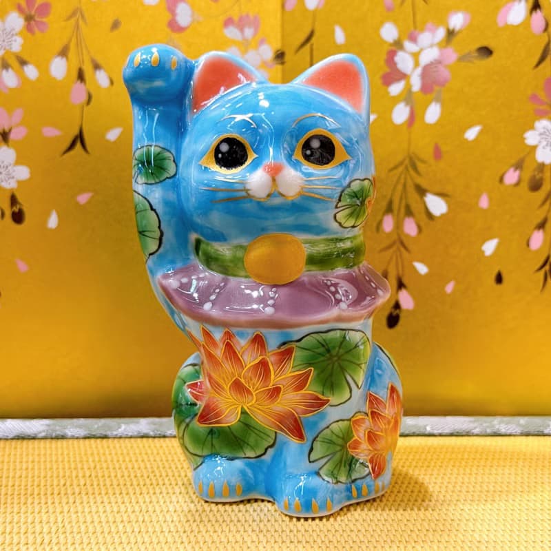 【蓮水迎祥】日本清水燒招財貓 | 色繪 - 水色地蓮