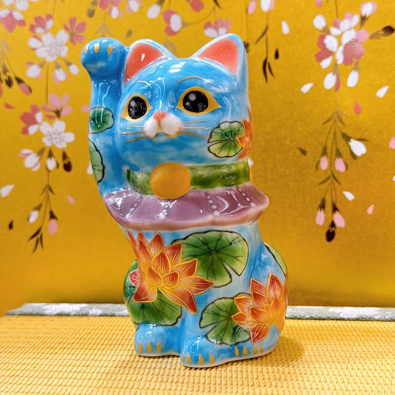 【蓮水迎祥】日本清水燒招財貓 | 色繪 - 水色地蓮