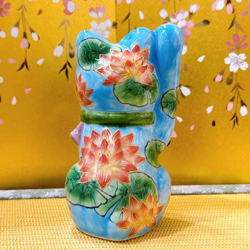 【蓮水迎祥】日本清水燒招財貓 | 色繪 - 水色地蓮