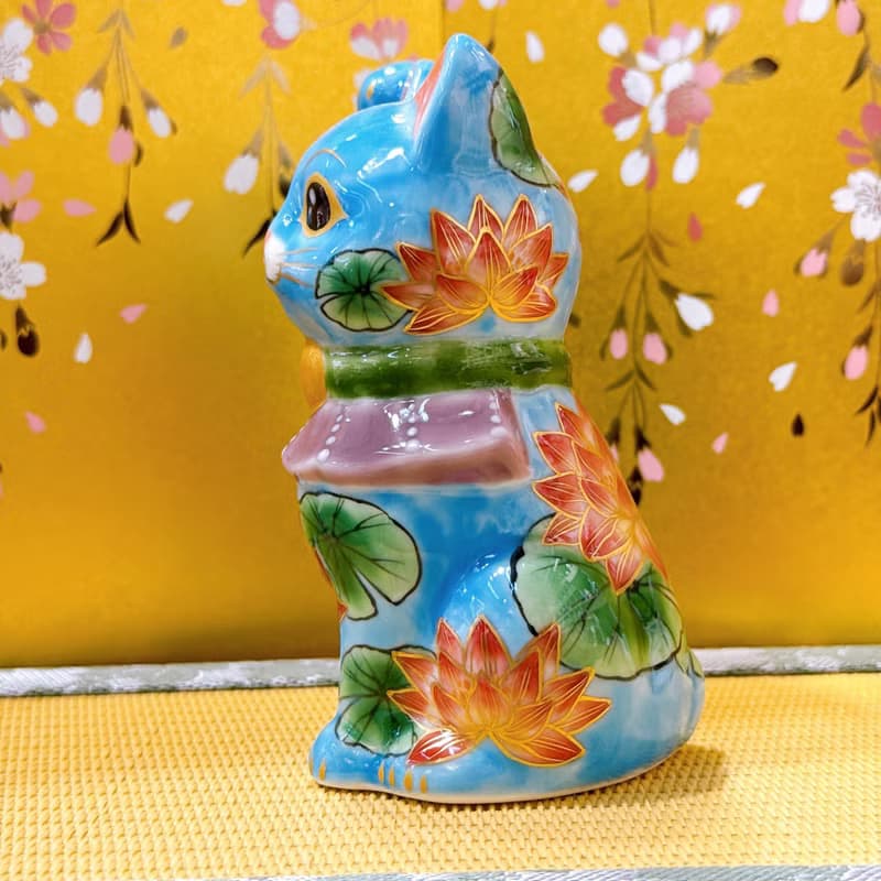 【蓮水迎祥】日本清水燒招財貓 | 色繪 - 水色地蓮