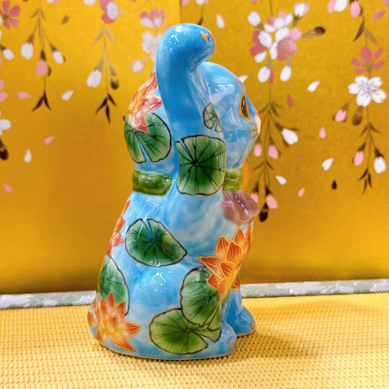 【蓮水迎祥】日本清水燒招財貓 | 色繪 - 水色地蓮