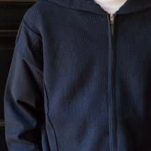 KNIT 高級質感藏青針織拉鏈連帽外套 冬季保暖單品復古細節毛衣