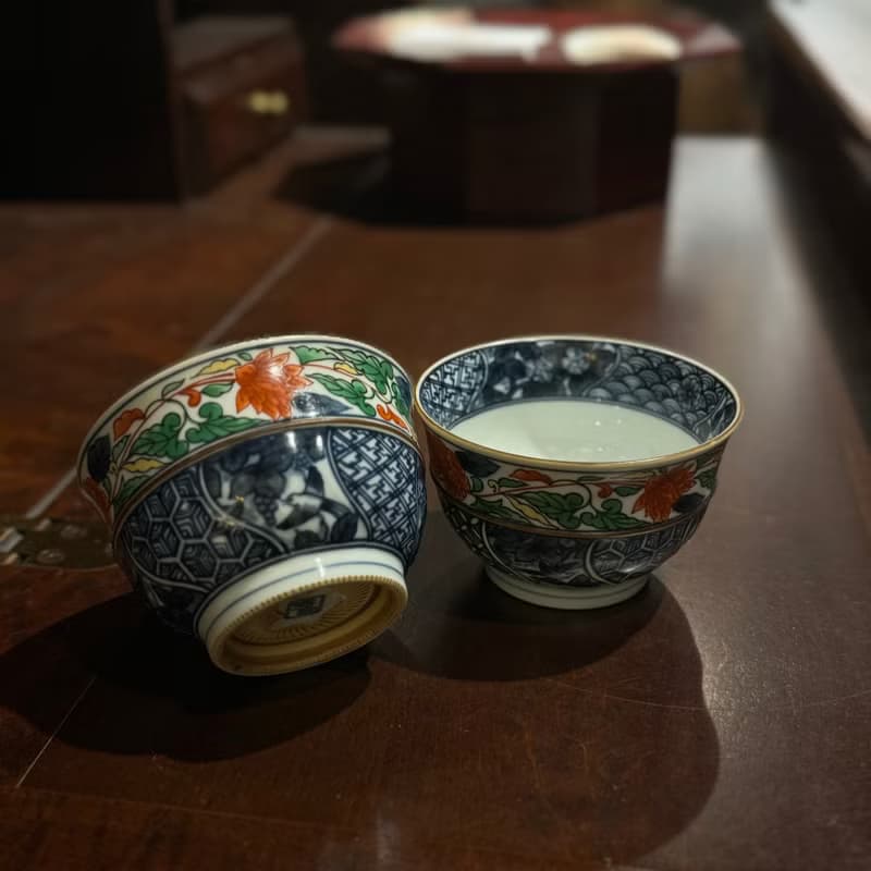庫山窯 染付彩花鳥文杯