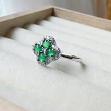 天然A貨翡翠 蛋面冰種翡翠 幸運草 水潤放光 純銀戒指 好運