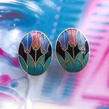 Vintage Jewelry 西洋古董飾品 景泰藍 黑底鬱金香花卉 夾式耳環