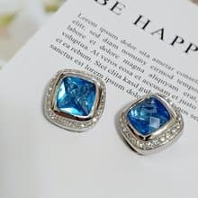 vintage jewelry  方形藍鑽萊茵石 夾式耳環