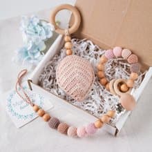 Pink Beige Baby Gift Box: Leaf Rattle Toy, Teething Ring, Pacifier Clip Holder
