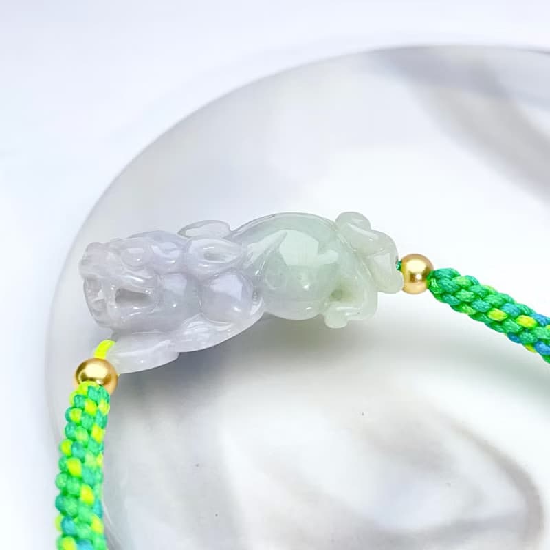 【招財神獸】糯飄綠花翡翠貔貅編織手鍊 | 天然緬甸玉翡翠A貨