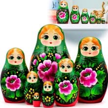 Matryoshka Dolls 7 pcs - Russian Doll in Green Dress with Pink Rose Decorations