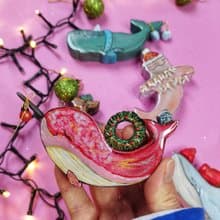 Whale ornament. Wooden fish ornament. Christmas ornaments.
