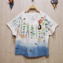 手工刺繡上衣、棉麻、松鼠、花朵、雛菊、花束