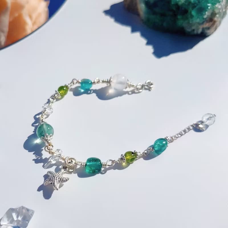 純淨心靈。橄欖石 磷灰石 白幽靈 S925純銀 水晶礦石設計手鍊