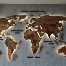 3D wood world travel map with LED - Rustic wall decor for home and office