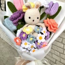 Crochet Bunny with Riandow Tulip Rose and Forget me not Flower Bouquet