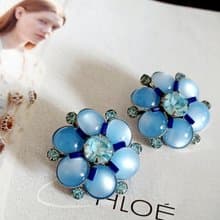 vintage jewelry Judy Lee  經典淡藍仿月光石花卉 夾式耳環