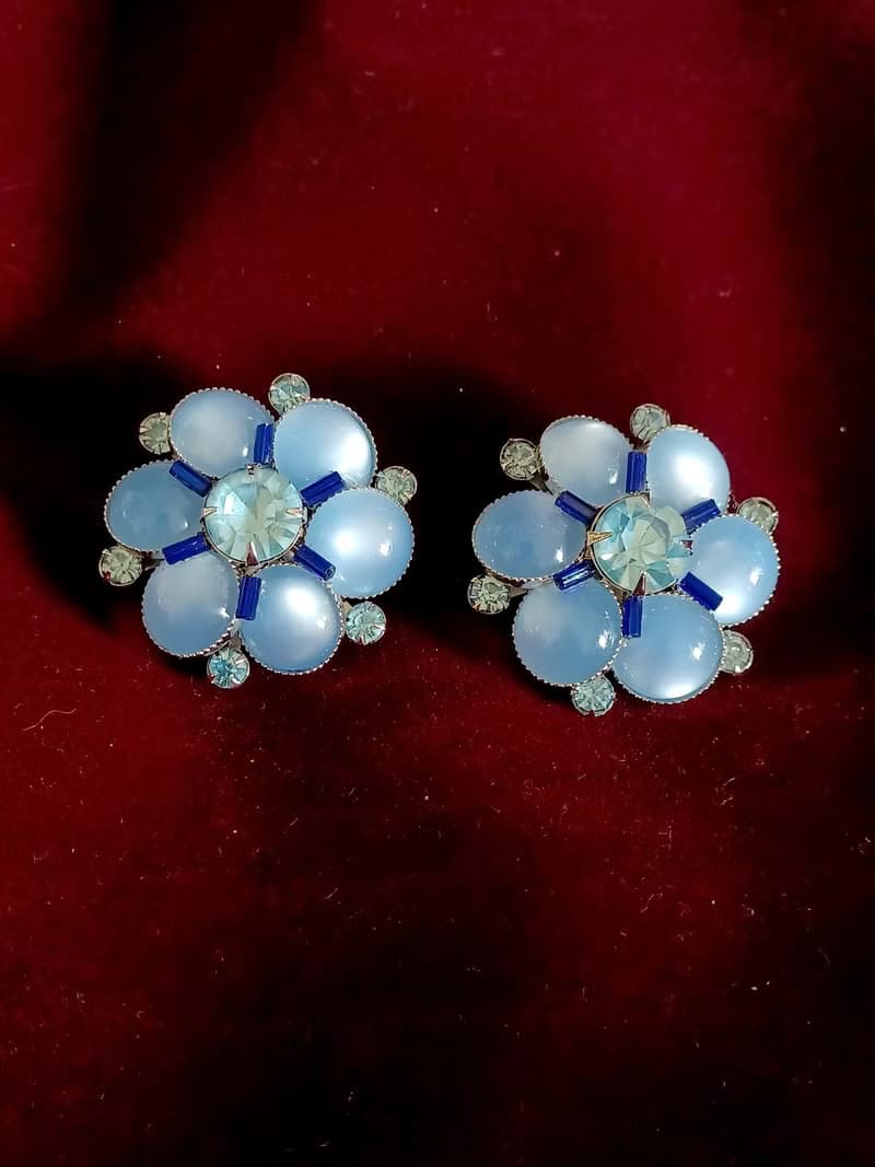 vintage jewelry Judy Lee  經典淡藍仿月光石花卉 夾式耳環