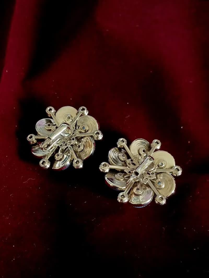 vintage jewelry Judy Lee  經典淡藍仿月光石花卉 夾式耳環