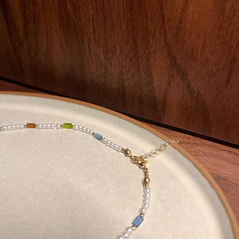 復古撞色水晶小珍珠項鍊 串珠項鍊