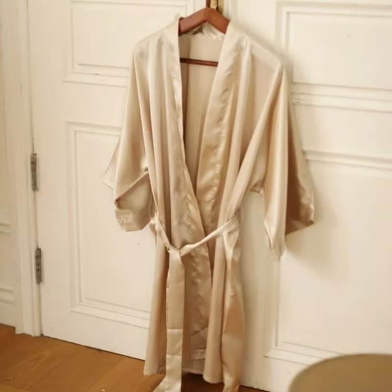 奢光緞面優雅新娘綁帶睡袍-古銅棕 可電繡