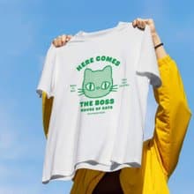 The Boss Cat T-shirt, a cotton t-shirt printed with the Boss Cat design.