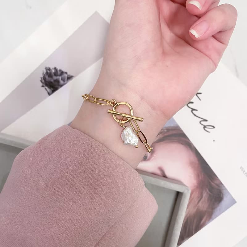 霸氣鏈條巴洛克珍珠OT扣手鍊