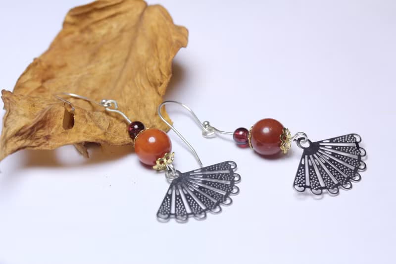 紅瑪瑙 S925純銀  耳墜  中國風  有氣質扇子  耳環長款