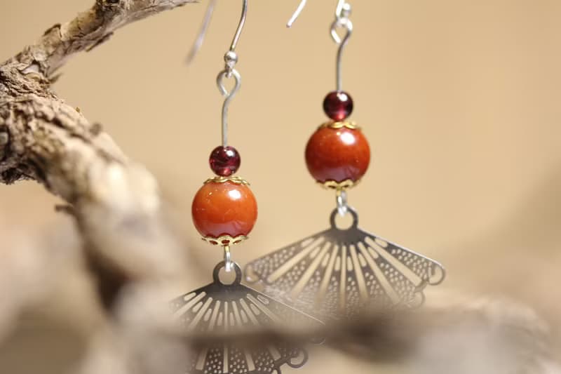 紅瑪瑙 S925純銀  耳墜  中國風  有氣質扇子  耳環長款