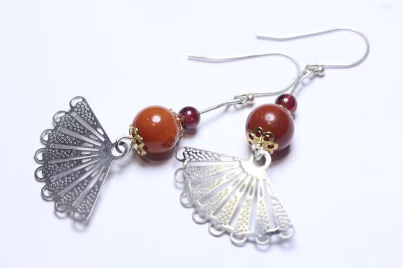 紅瑪瑙 S925純銀  耳墜  中國風  有氣質扇子  耳環長款
